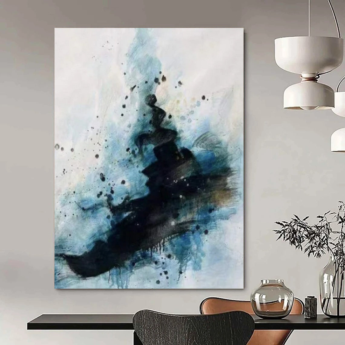 Black, Blue & White Splattered Ink Vibe - Abstract Painting On Canvas CT2306