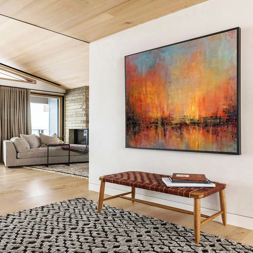 “Orange & Blue Abstract Sunset” Abstract Impressionist Painting On Canvas DKH386