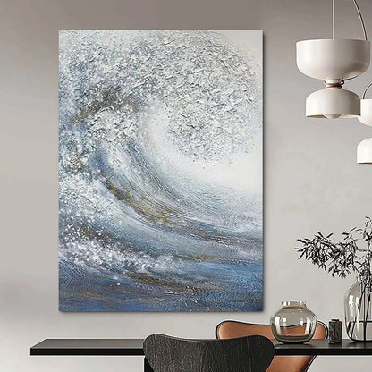 “Blue, White, Gold Swirling Wave ‘Celestial Sea’” - Impasto Sea & Gold Painting On Canvas DTP337