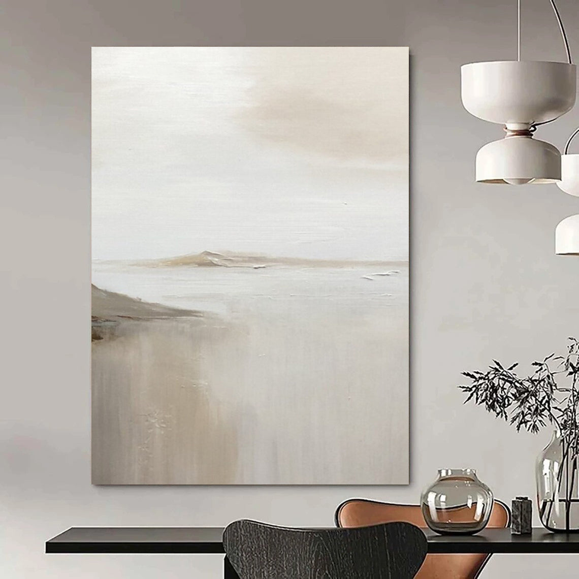 “White, Beige Subtle Landscape ‘Foggy Serenity’” - Impasto Landscape Painting On Canvas DTP359