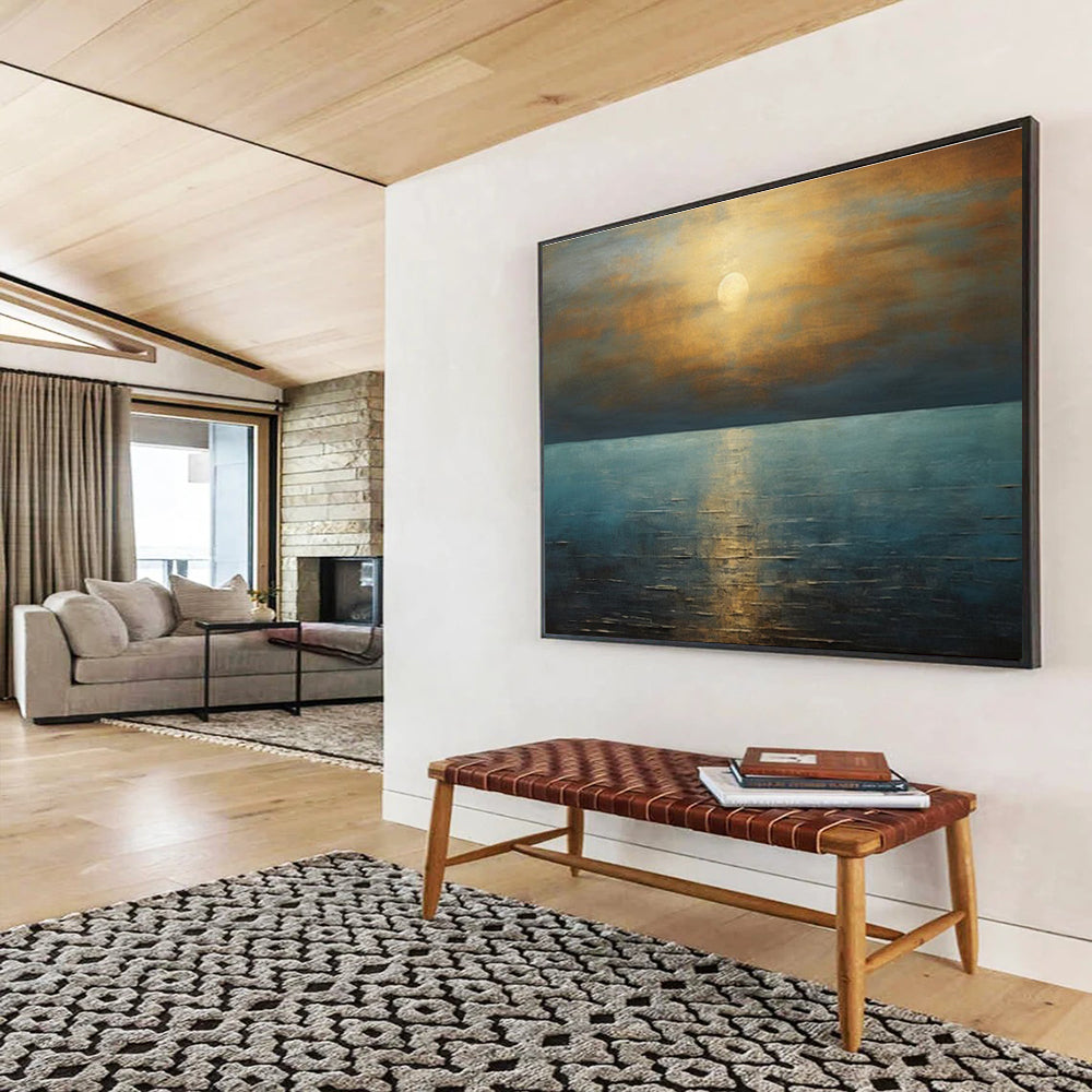 Golden Sunset and Blue Ocean “Serene Solar Reflections” Painting On Canvas DKH102