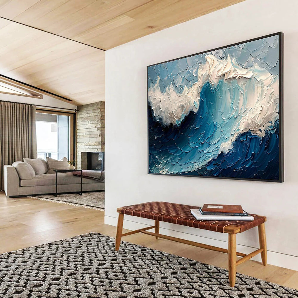 “Textured Ocean Wave” - Blue, White Impasto Seascape Painting On Canvas DKH766