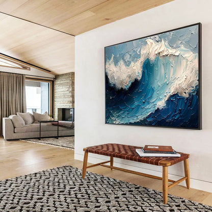 “Textured Ocean Wave” - Blue, White Impasto Seascape Painting On Canvas DKH766