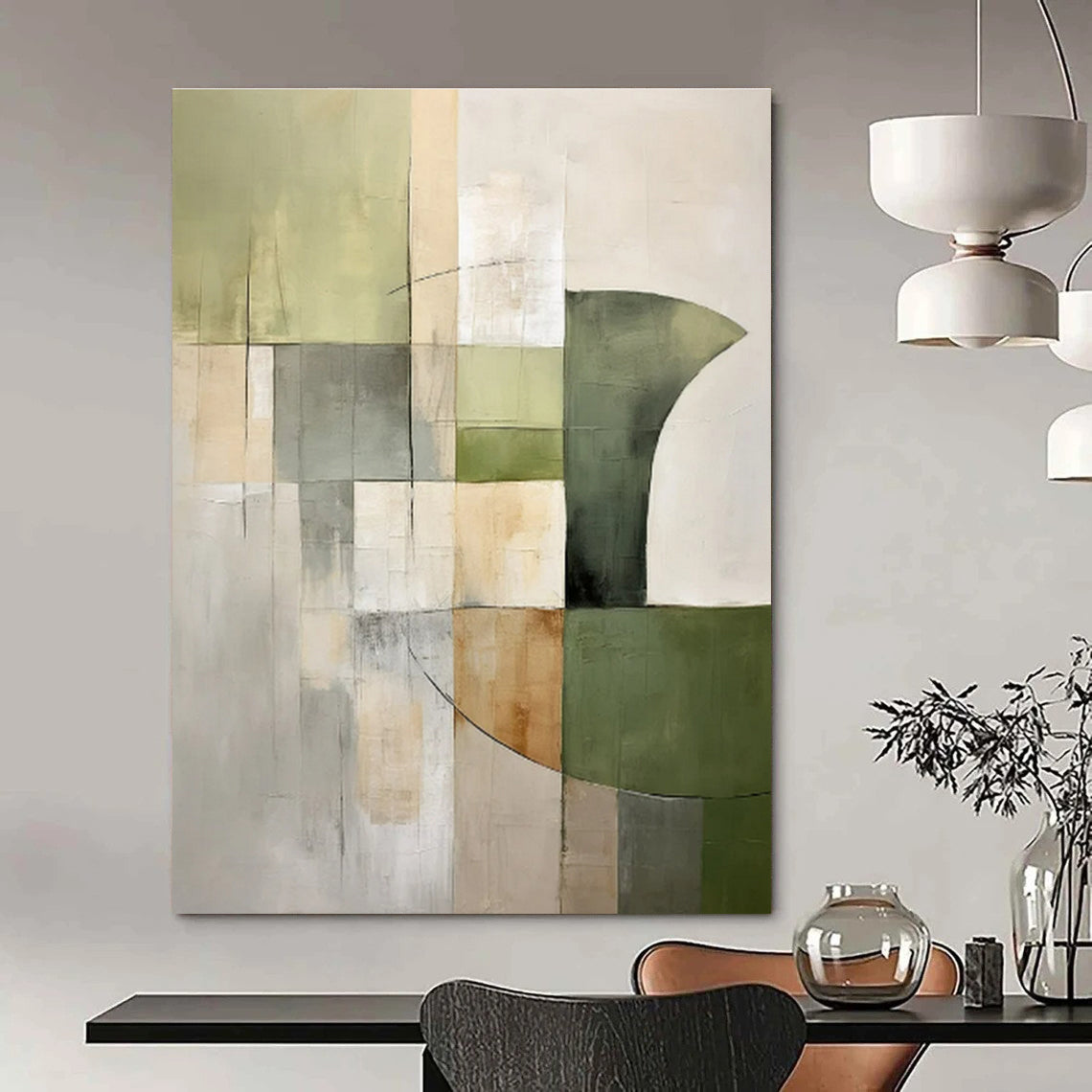 Earthy Greens, Browns & Greys, Geometric Collage - "Nature’s Grid" - Abstract Mixed - media Painting CT1440
