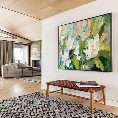 “Impasto White Magnolias” - Delicate Botanical Painting On Canvas DKH836