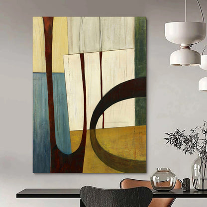 “Geometric Shapes in Earth Tones” - Brown, Beige & Blue Cubist - Inspired Painting On Canvas DKH0949
