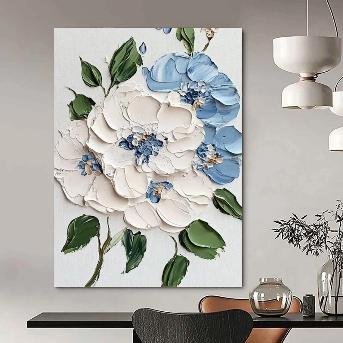 Blue, White and Green Floral 3D Effect - Impasto Flower Painting On Canvas DKH1387