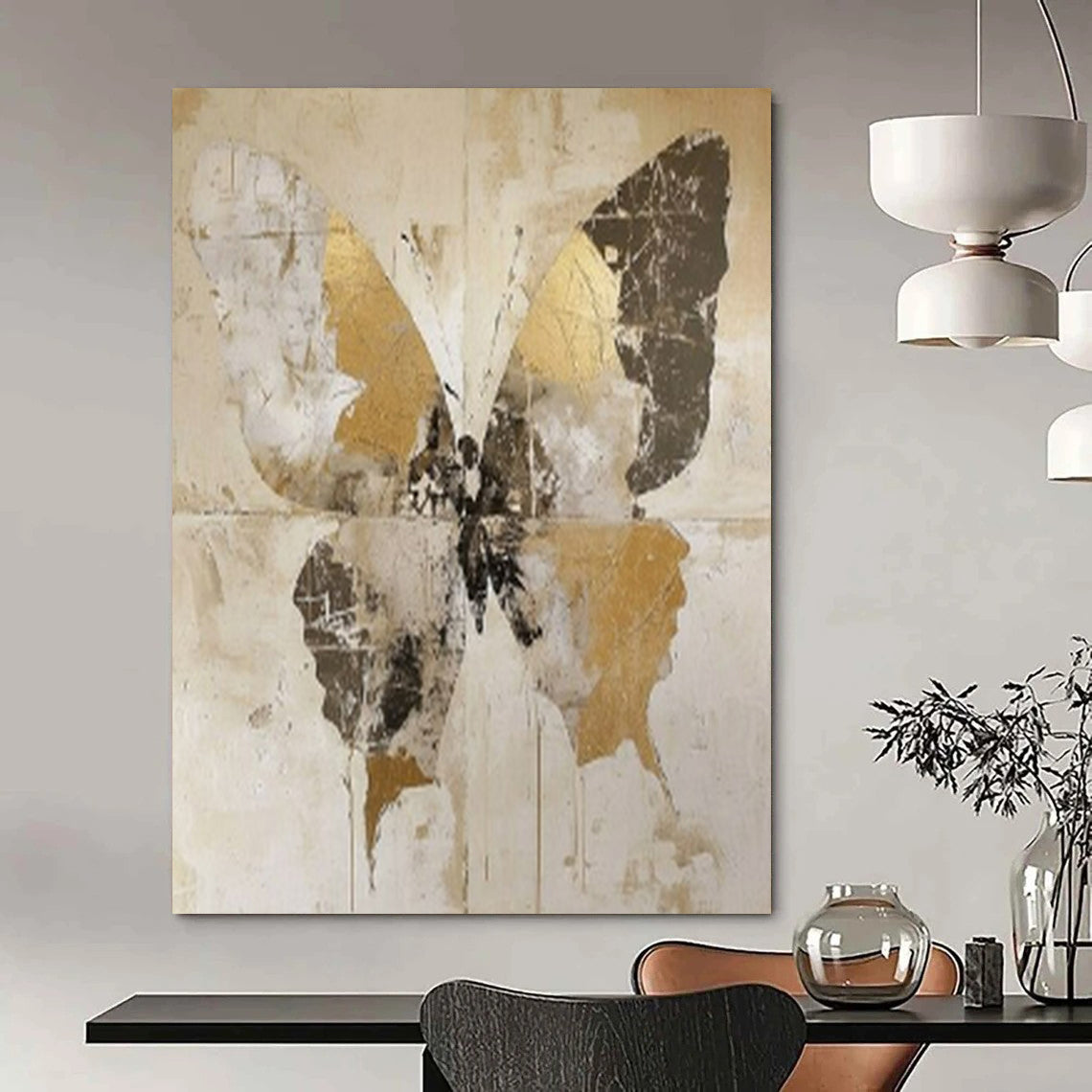“Vintage Gold Butterfly” - Gold, Gray & Brown Butterfly Painting On Canvas CT2206