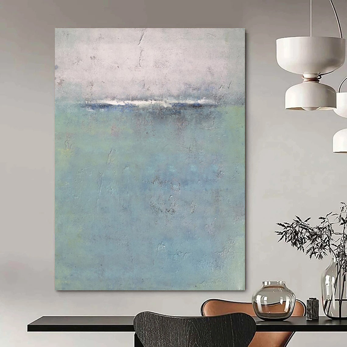 “Blue, Gray, Green Subtle Horizon ‘Quiet Calm’” - Impasto Abstract Landscape Painting On Canvas DTP354