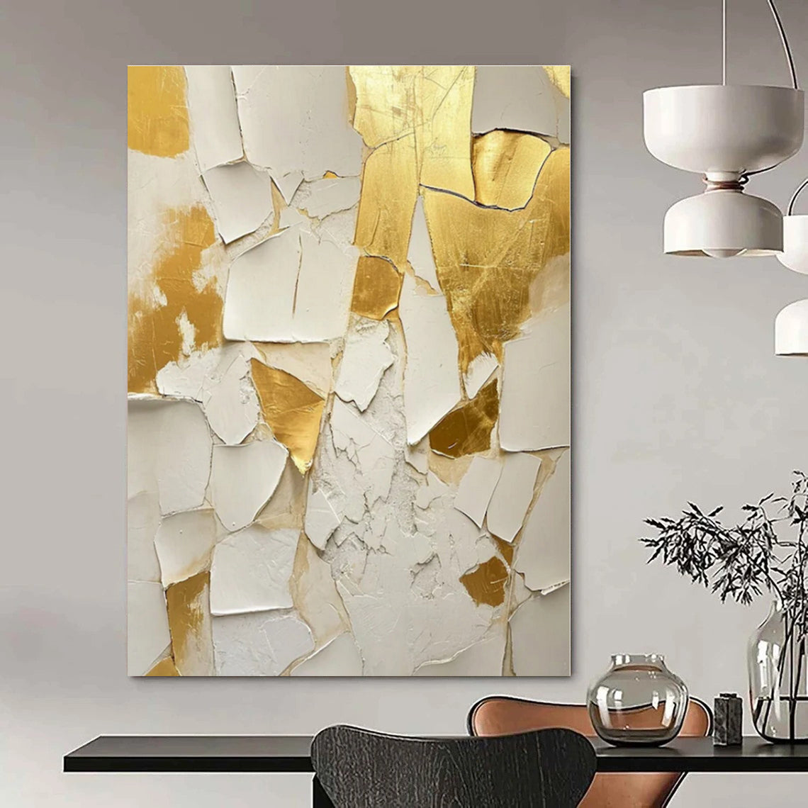 White - Gold Broken Texture - Mixed - Media Abstract Painting CT1381