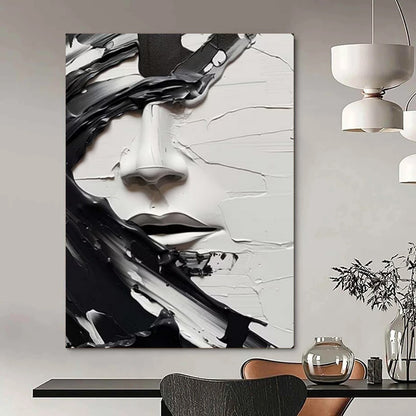 “Textured Black - and - White Face” – Abstract Impasto Portrait Painting On Canvas CT2134