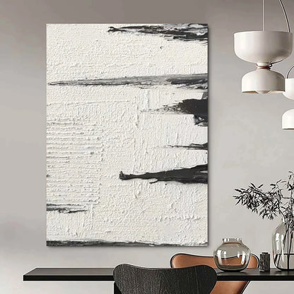 “White, Black Textured Strokes ‘Subtle Motion’” - Impasto Abstract Painting On Canvas DTP384