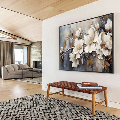 “Elegant Magnolias” - White, Gray, Gold Textured Floral Impasto Painting On Canvas DKH707