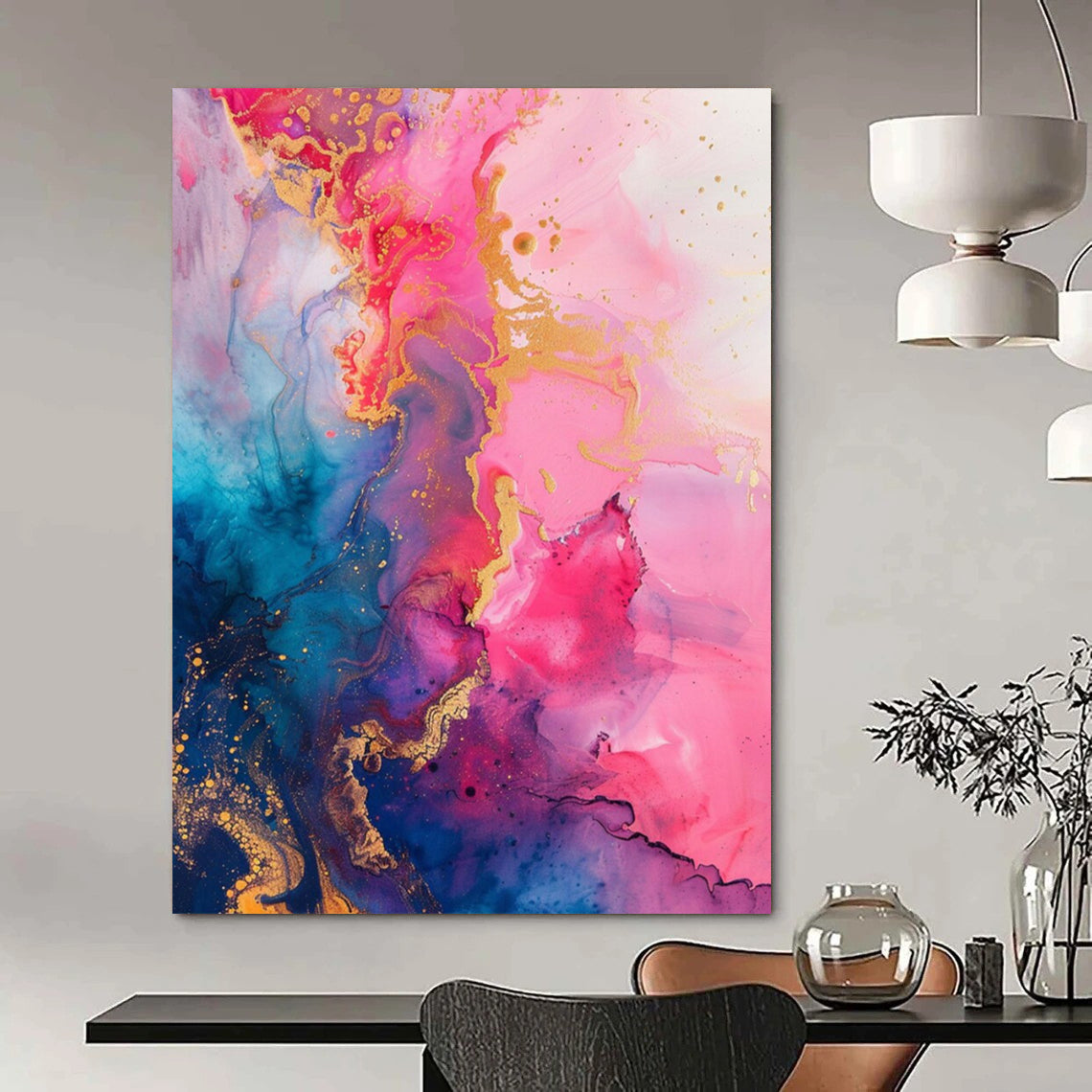 “Pink - Blue Gold Swirl” - Pink, Blue, Gold Fluid Abstract Painting On Canvas DTP286