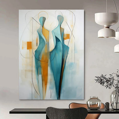 “Abstract Figures 2” - Blue, Orange & White Abstract Painting On Canvas CT2234