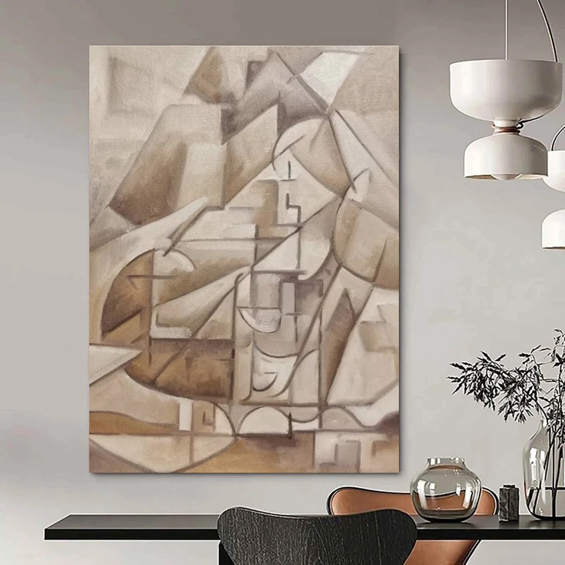 Neutral Tones, Geometric Mountain Abstraction - "Cubist Peaks" - Cubist Oil Painting CT1456