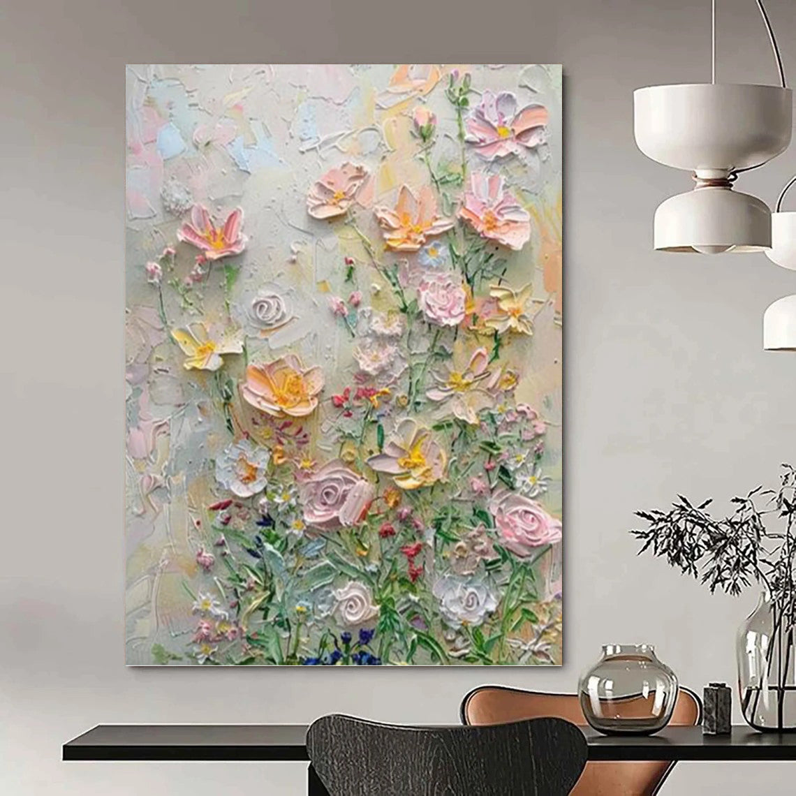 Impasto Flower Garden in Pastels - Impasto Floral Painting On Canvas DKH1384