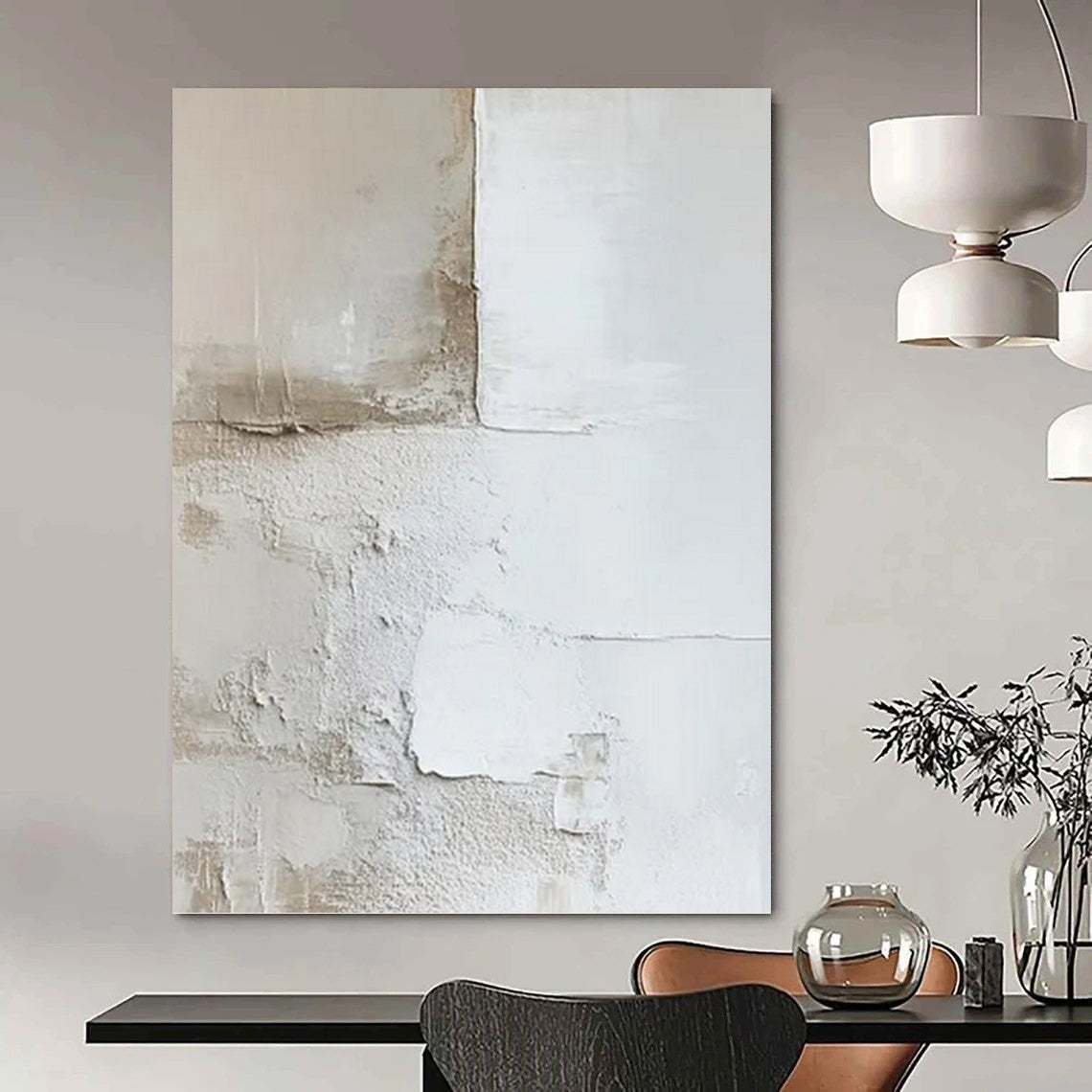“White & Beige Plaster - Like Abstract” Painting On Canvas DKH0977