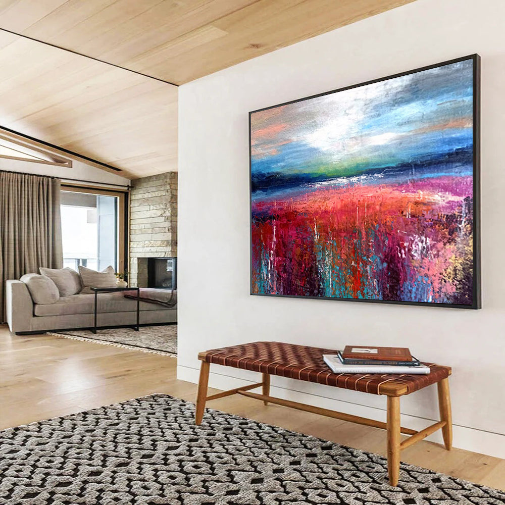 “Colorful Field Abstract - Pinks, Reds, and Blues Under a Dynamic Sky” Painting On Canvas DKH010