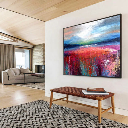 “Colorful Field Abstract - Pinks, Reds, and Blues Under a Dynamic Sky” Painting On Canvas DKH010