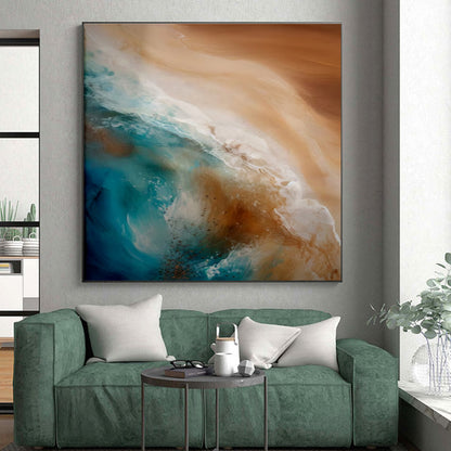 Blue, Beige & White Ocean Waves, “Coastal Flow” - Fluid Acrylic Seascape Painting CT0765