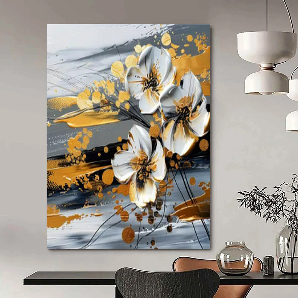 Gold - Accented White Flowers - Abstract Floral Mixed - Media CT1254