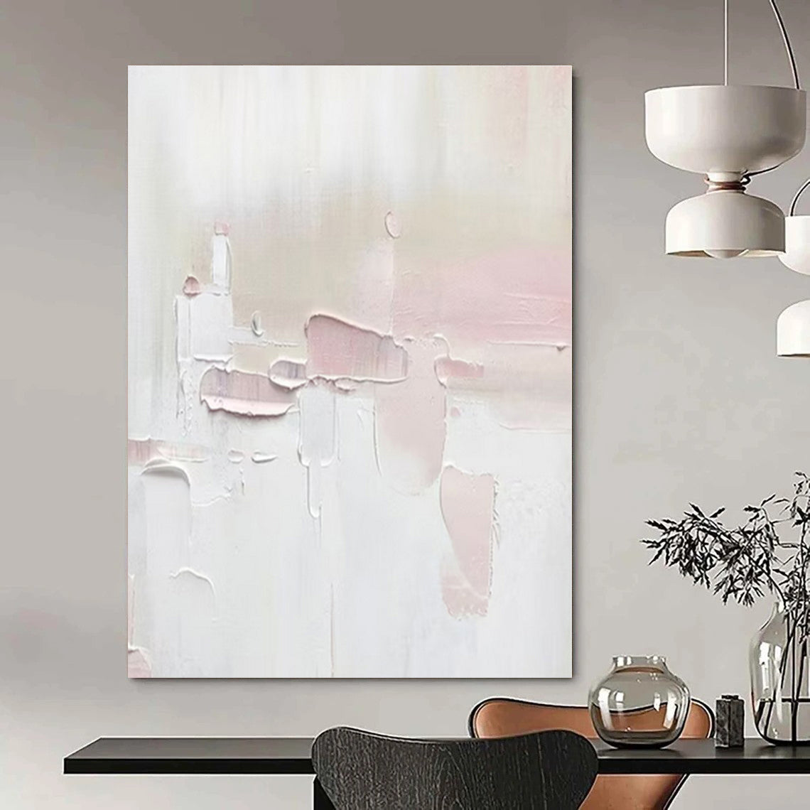 Soft Pink & White Textured Abstraction - Impasto Abstract Acrylic On Canvas CT1345