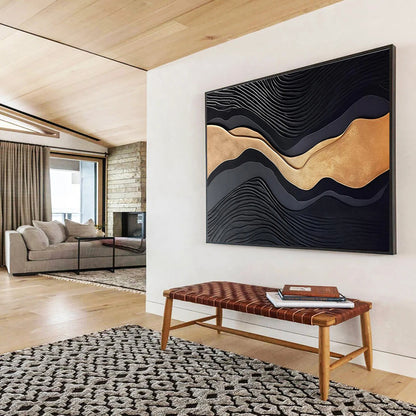 Black, Gold, and Gray Textured Abstract “Luxurious Wave Textures” Painting On Canvas DKH149