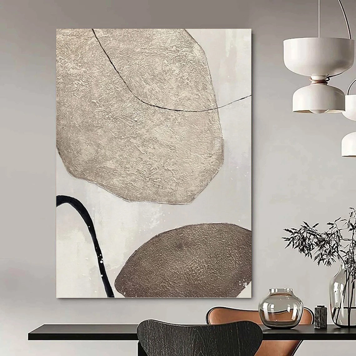 “Textured Neutral Shapes with Black Lines” - Minimalist Abstract Painting On Canvas DKH1121