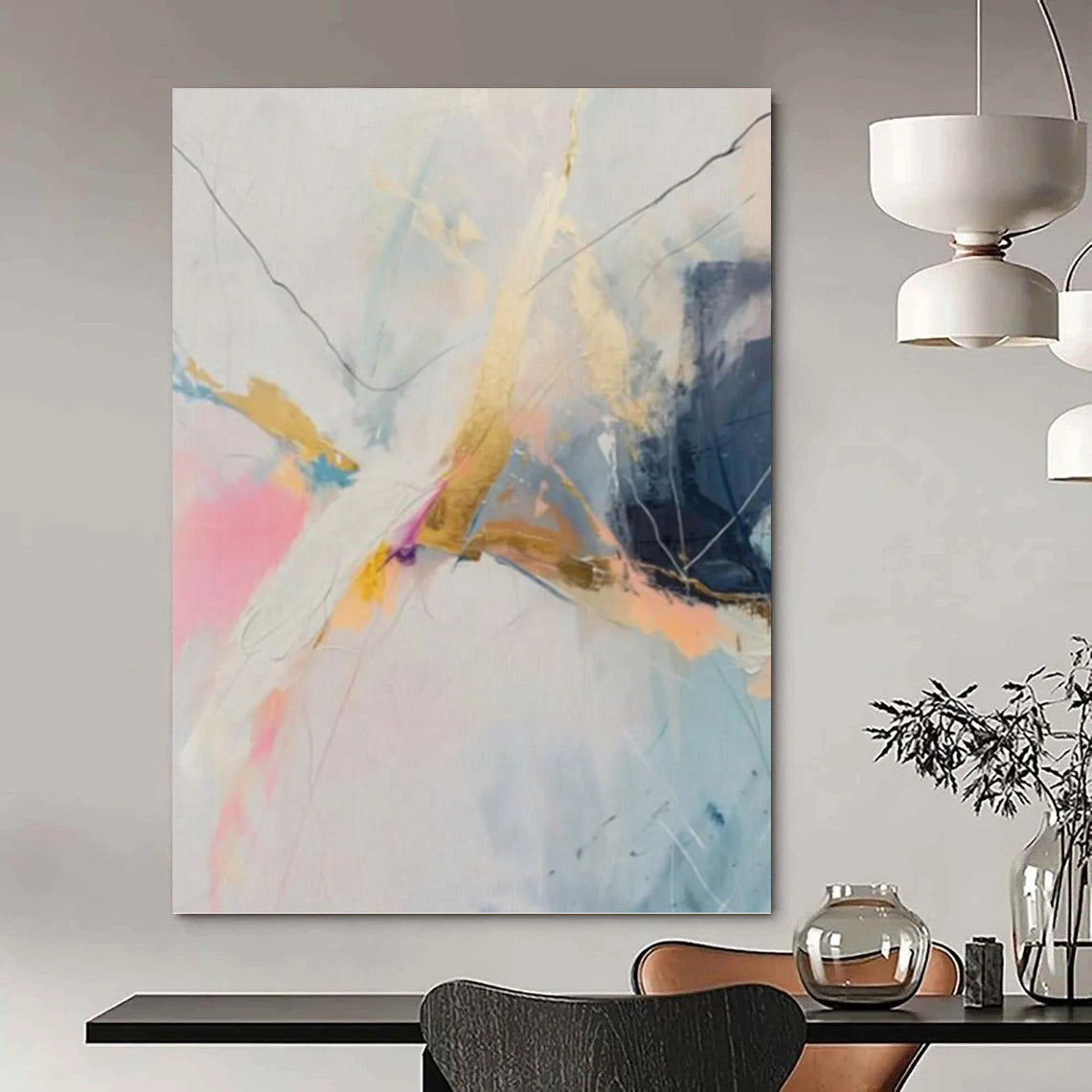 “Pastel, Gold & Blue Abstract Line Burst” Painting On Canvas DKH0995