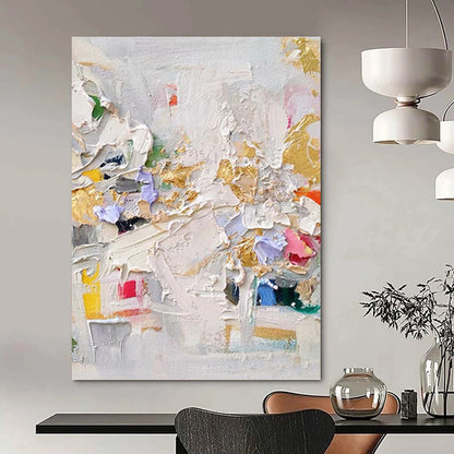 “Colorful Impasto Collage” - White, Gold, Purple, Pink & Yellow Vibrant Textured Painting On Canvas DKH1027