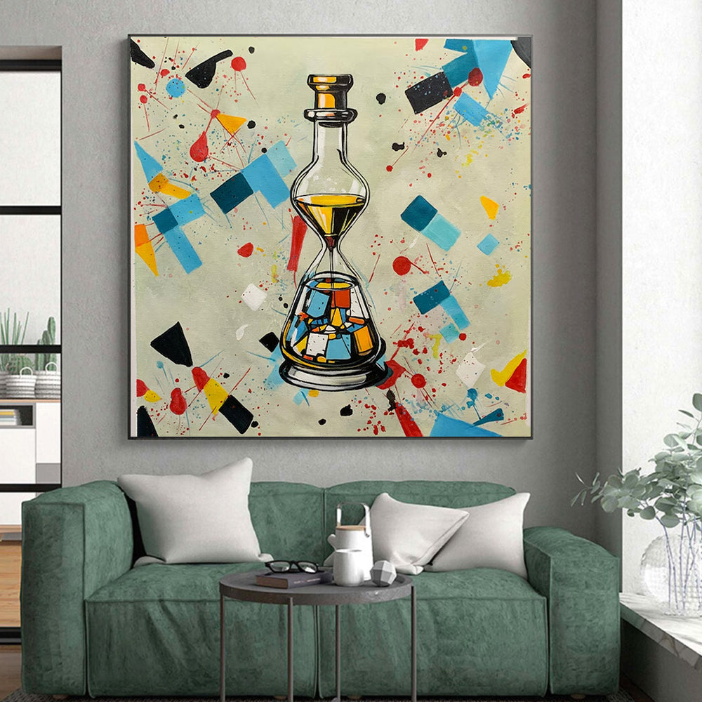 Colorful Geometric Splash with Bottle - Hourglass, “Time in a Kaleidoscope” - Pop - Abstract Mixed - Media Painting CT0718