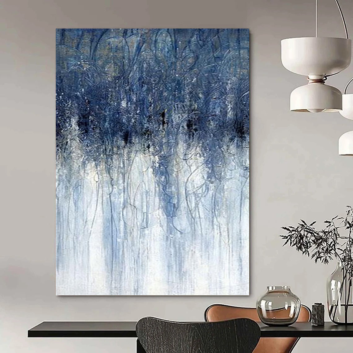 “Dripping Blues” - Blue & White Abstract Vertical Streaks Painting On Canvas DKH1537