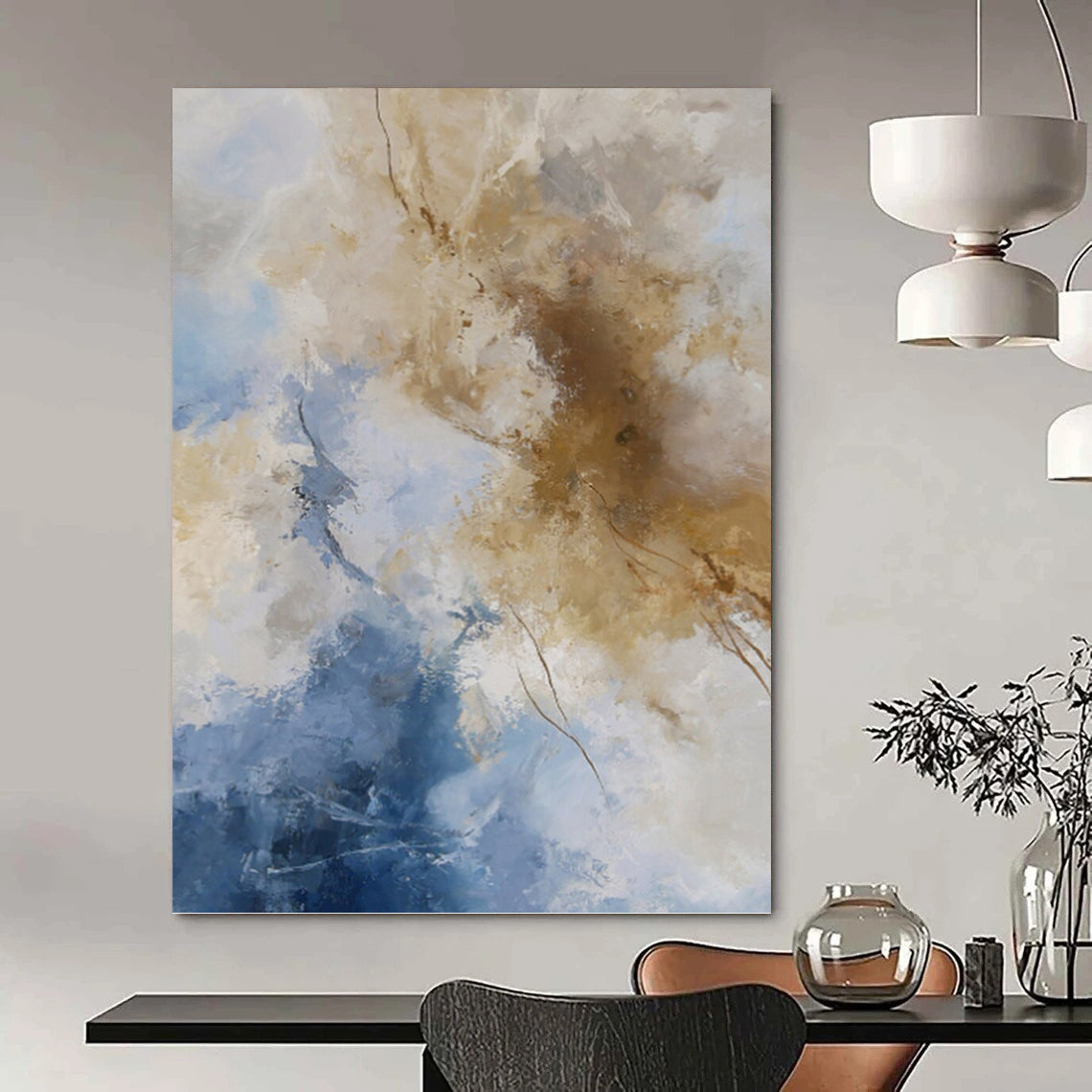 “Blue & Beige Abstract Clouds” - Blue, Beige & White Airy Painting On Canvas DKH1020