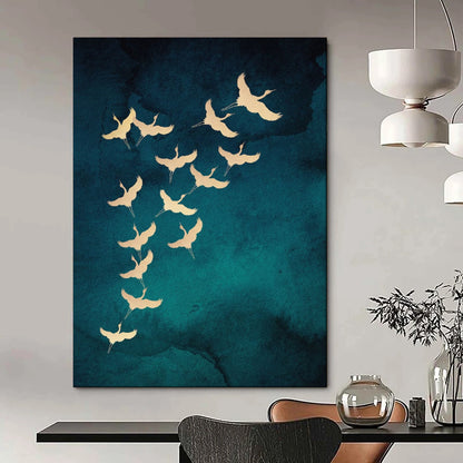 Golden Cranes Teal Blue Wash Oriental Inspired Avian Art CT1919