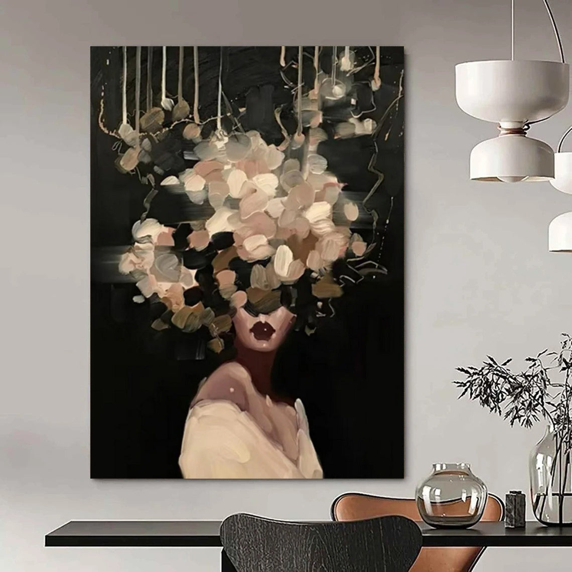 “Black, Beige, White Floral Head ‘Mystic Blooms’” - Figurative Flower Painting On Canvas DTP326