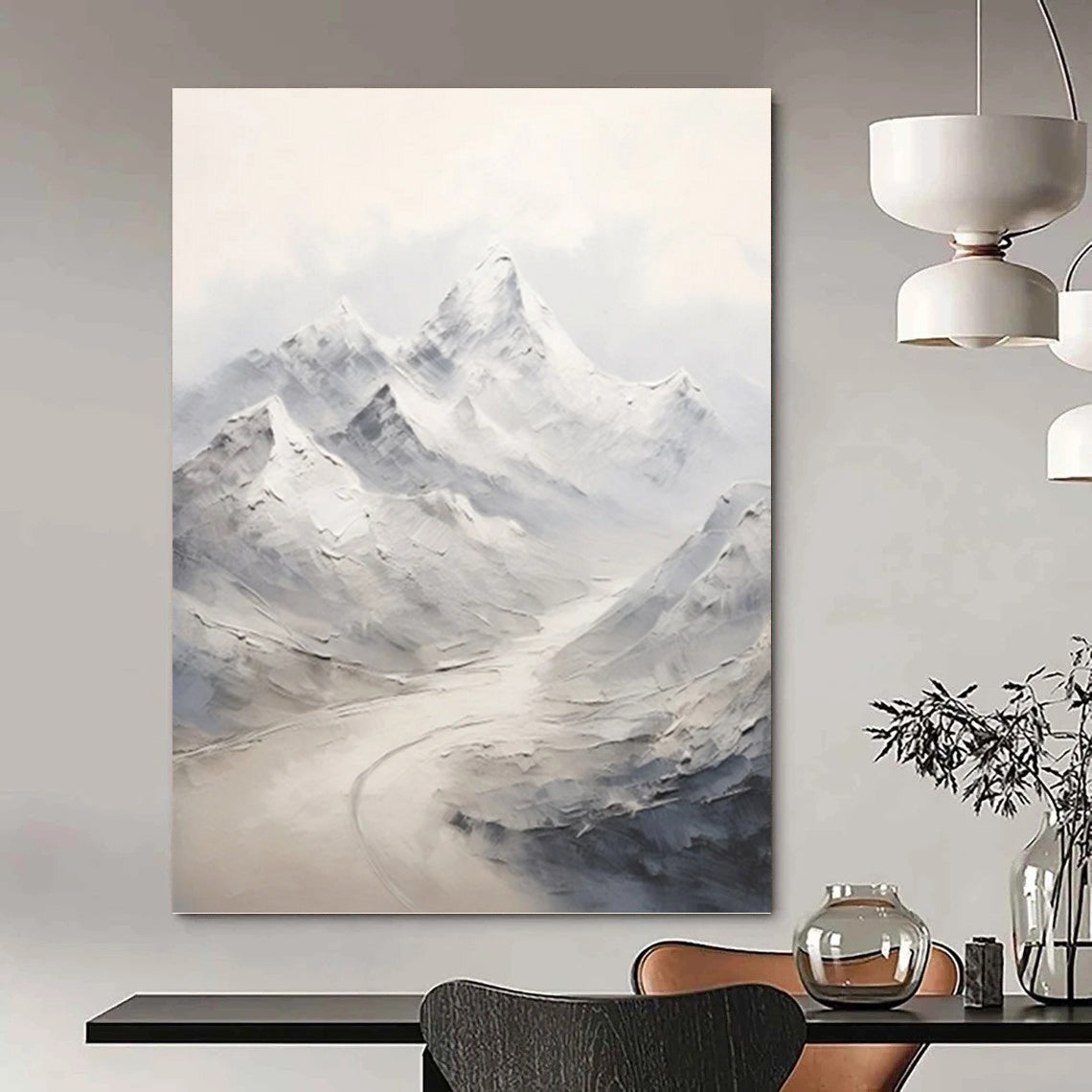 Snowy Mountain Range with River - Abstract Landscape Painting On Canvas DKH1264