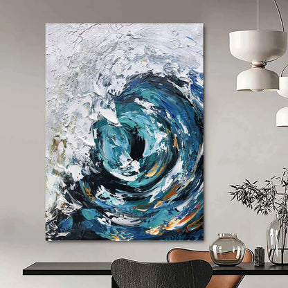 Turquoise and White Swirling Wave - Abstract Impasto Painting On Canvas DKH1295