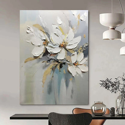 “White Floral Bouquet” - White, Beige & Gray Flower Painting On Canvas CT2201