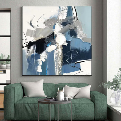 Blue, Gray & White Dynamic Shapes, “Urban Pulse” - Impasto Abstract Painting CT0771