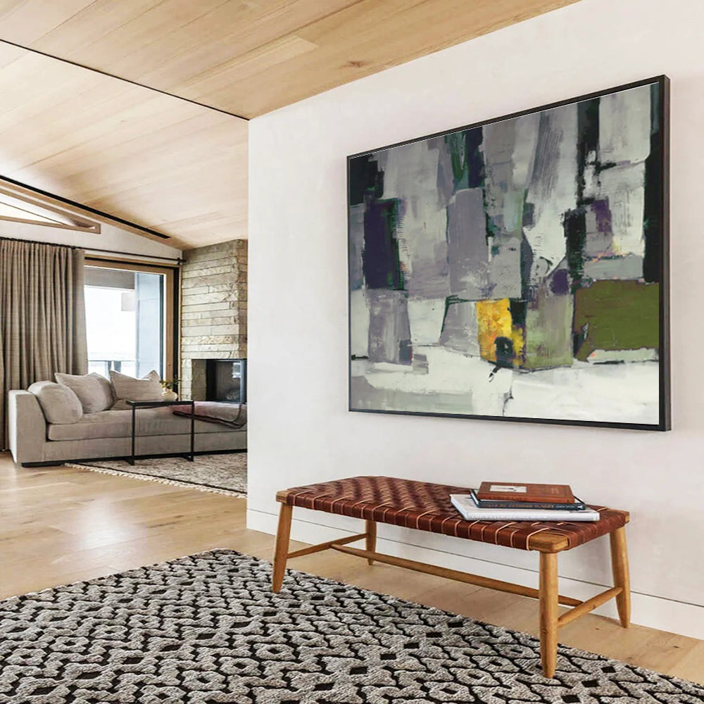 “Gray & Colorful Geometric Blocks” Abstract Cubist - Inspired Painting On Canvas DKH365