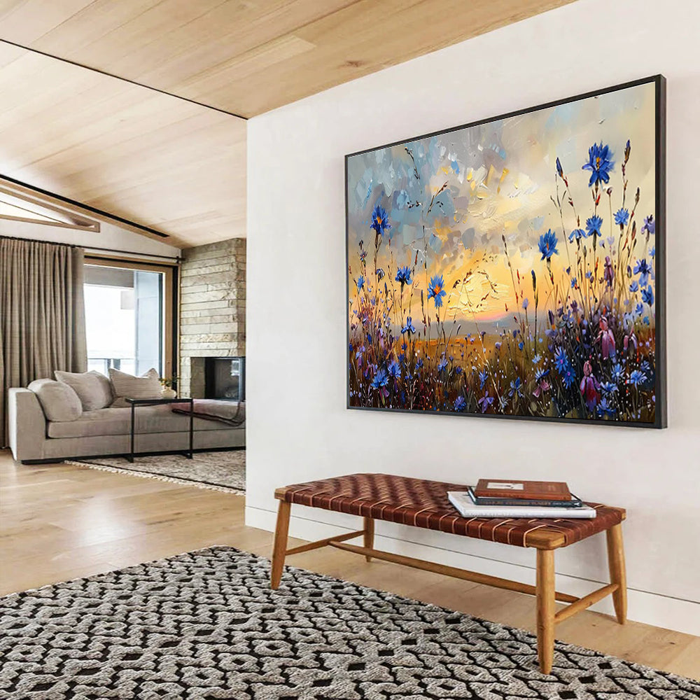 “Dusk Meadow Blues” - Blue, Purple, Orange Floral & Sky Impressionistic Painting On Canvas DKH698