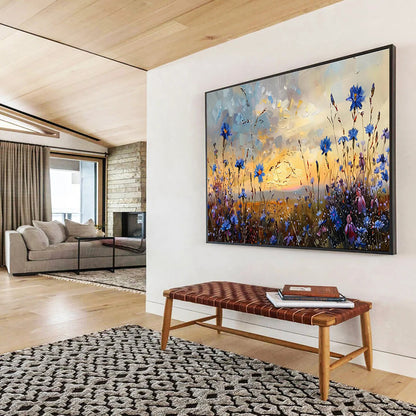 “Dusk Meadow Blues” - Blue, Purple, Orange Floral & Sky Impressionistic Painting On Canvas DKH698