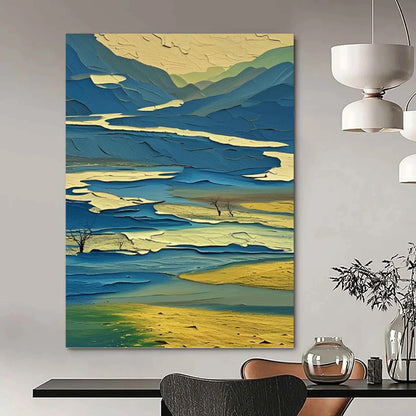 “Colorful Layered Landscape” - Blue, Green & Yellow Cubist - Inspired Painting On Canvas DKH0963