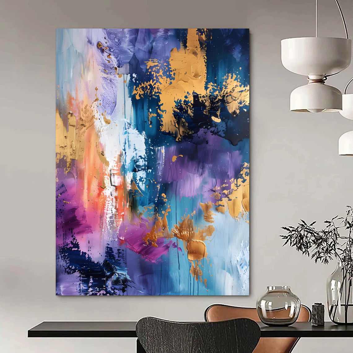 “Purple - Blue Gold Splatter” - Purple, Blue, Gold Abstract Splatter Painting On Canvas DTP282