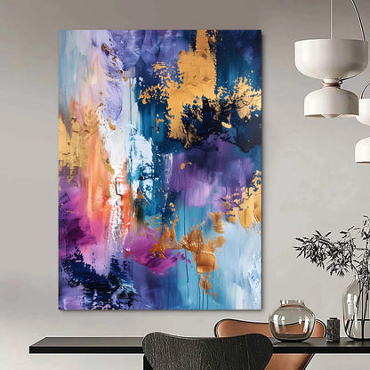 “Purple - Blue Gold Splatter” - Purple, Blue, Gold Abstract Splatter Painting On Canvas DTP282