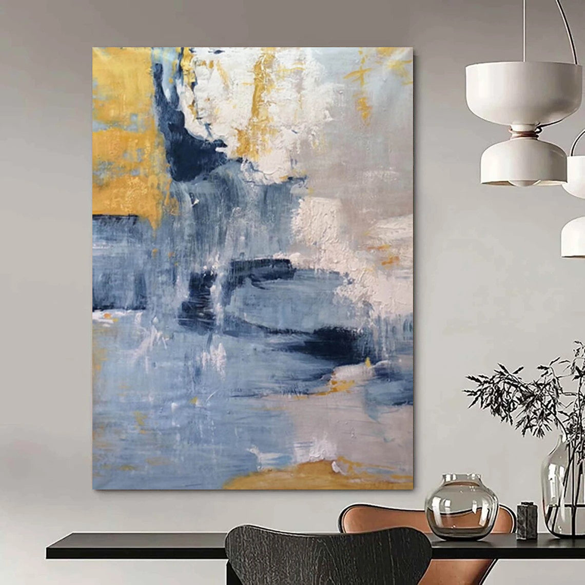 “Blue - Gold Abstract Cascade” - Blue, Gold, Gray Abstract Painting On Canvas DTP253