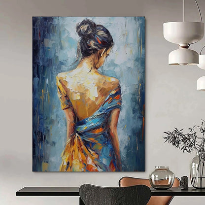 “Back View of Colorful - Dressed Woman” – Impressionistic Figure Oil Painting On Canvas CT2137