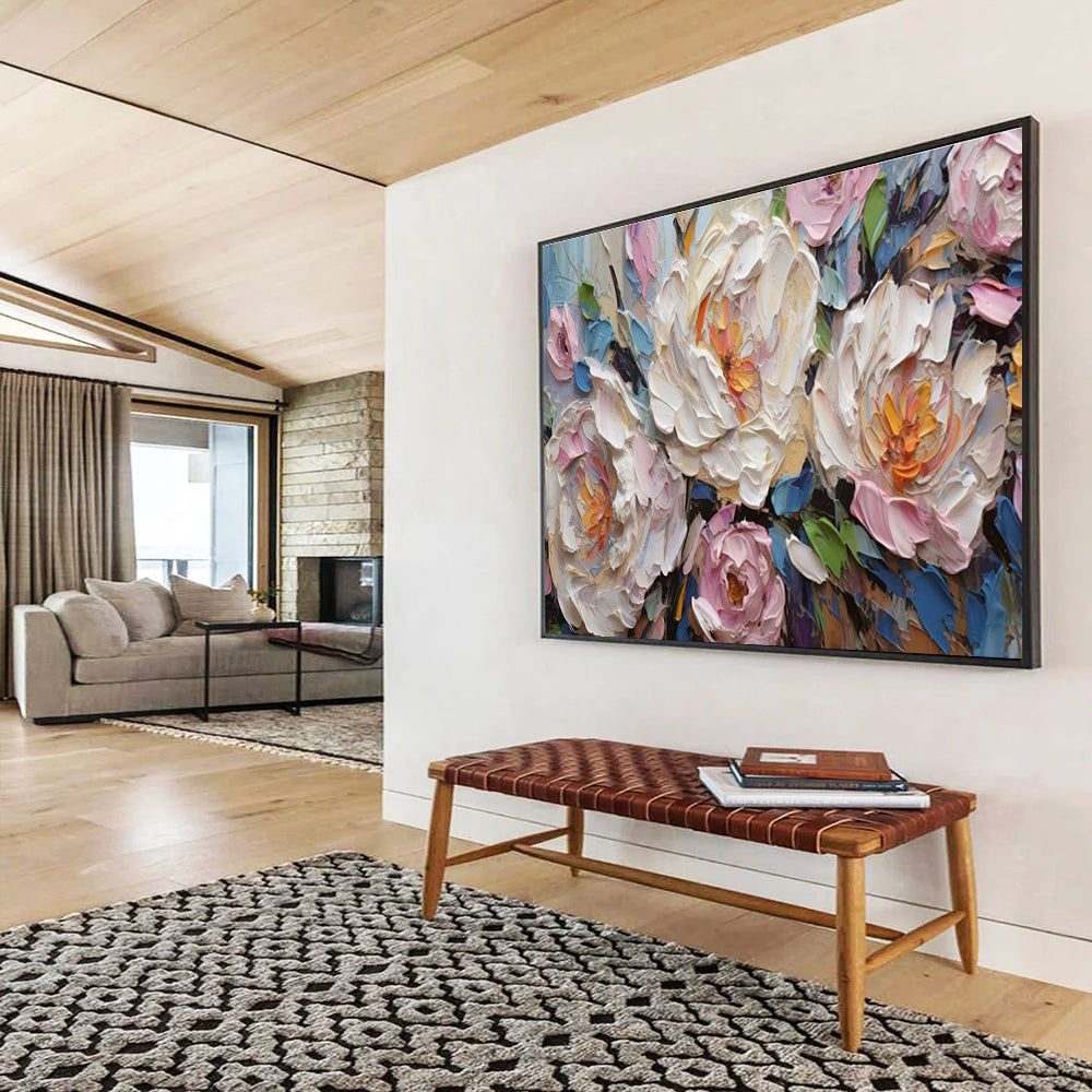Textured Peony Blooms - Pink, White & Blue Floral Painting On Canvas DKH891