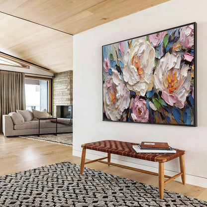 Textured Peony Blooms - Pink, White & Blue Floral Painting On Canvas DKH891